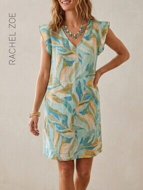 XS/S Rachel Zoe 100% Linen Shift Dress Tropical Banana Leaf Cap Sleeve
